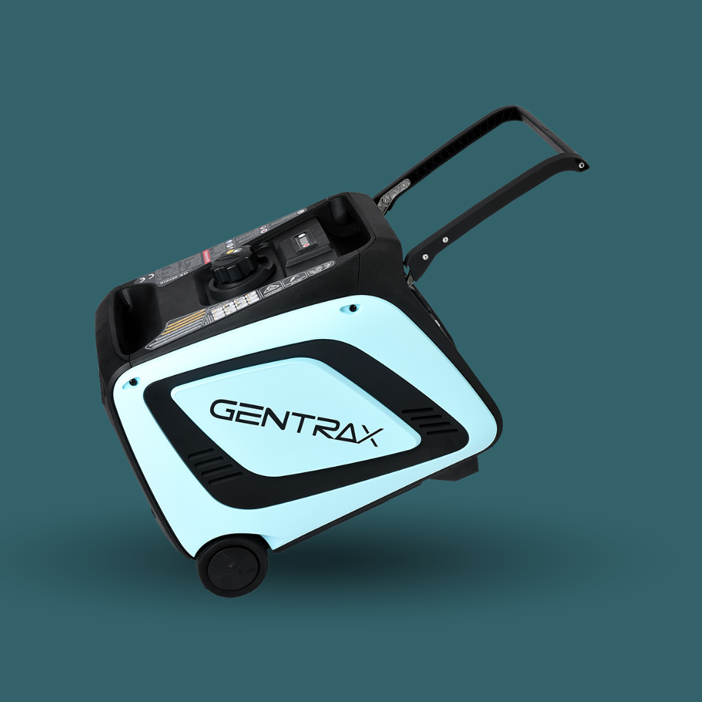 Portable generator with 'Gentrax' branding on a teal background