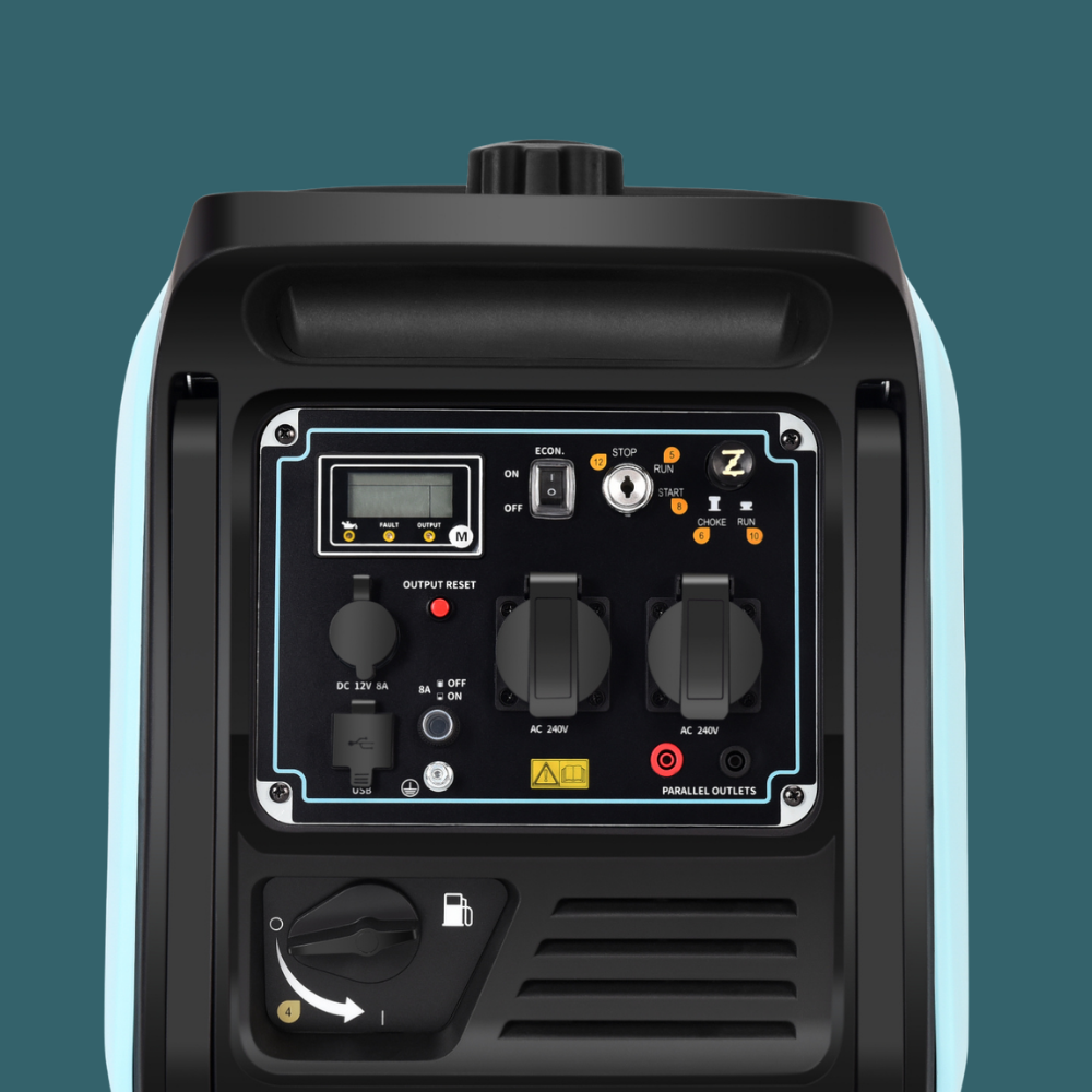 Black portable generator with control panel on a teal background
