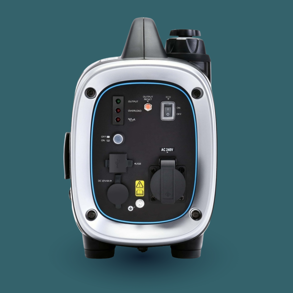 Portable power station with multiple outlets and switches on a teal background