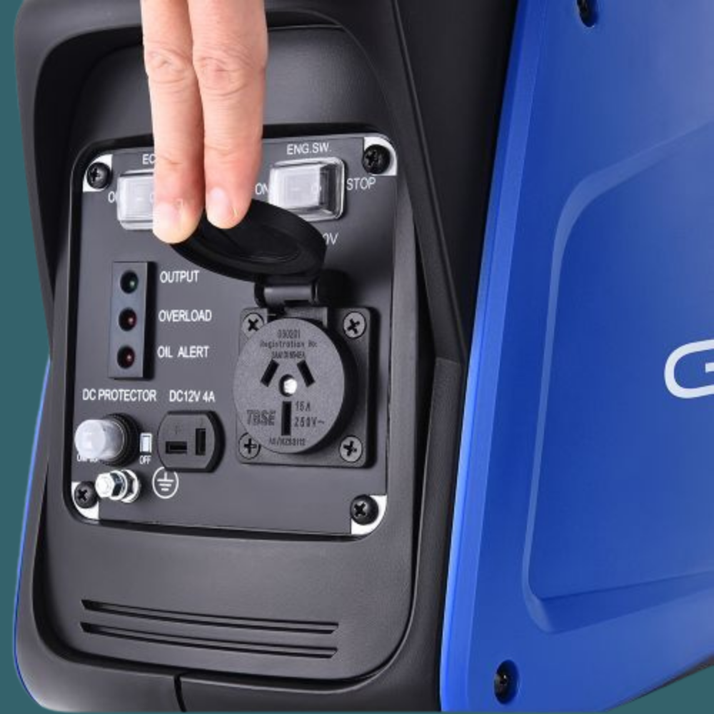Hand pressing a switch on a blue and black portable power station.
