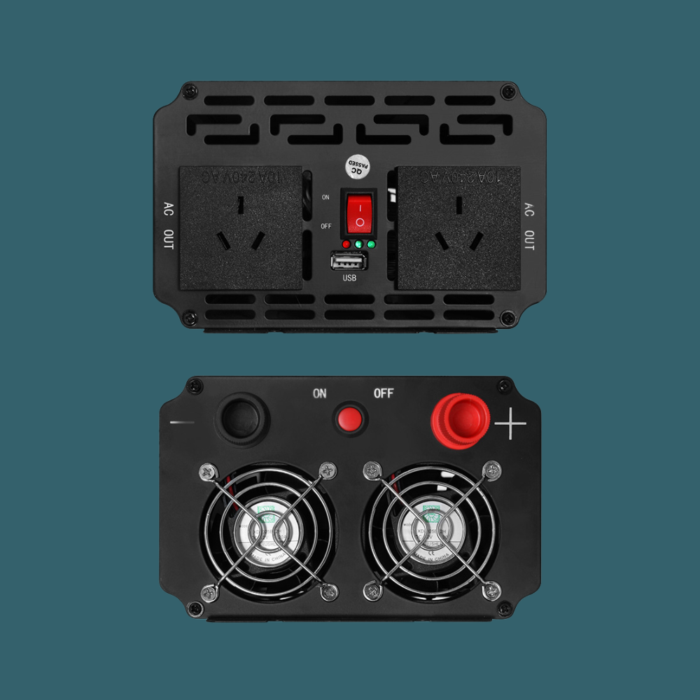 Rear and front view of inverter displaying cooling fans and power input terminals.