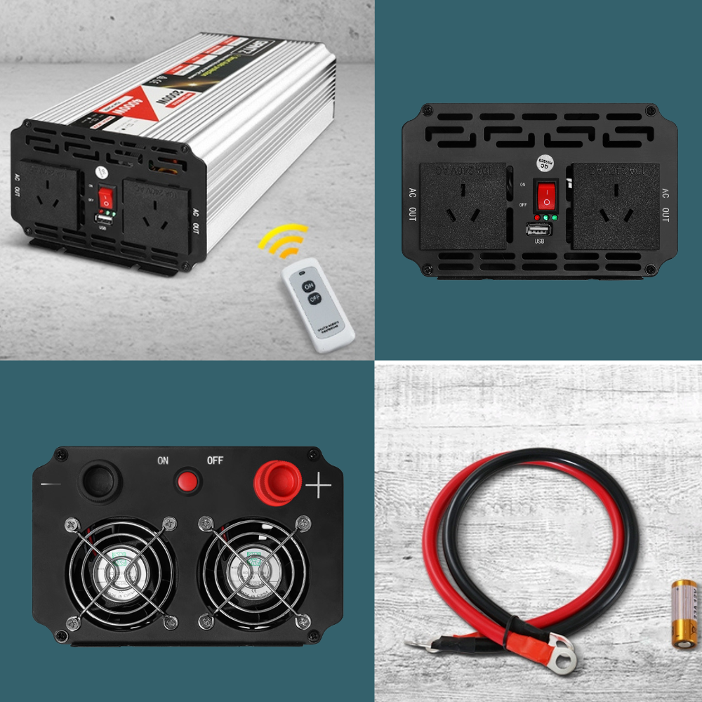 Inverter shown with included accessories and cable.