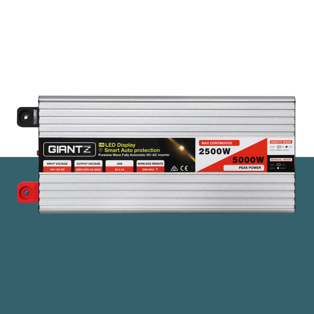 Side profile of the inverter showing the ventilation panel and labels.