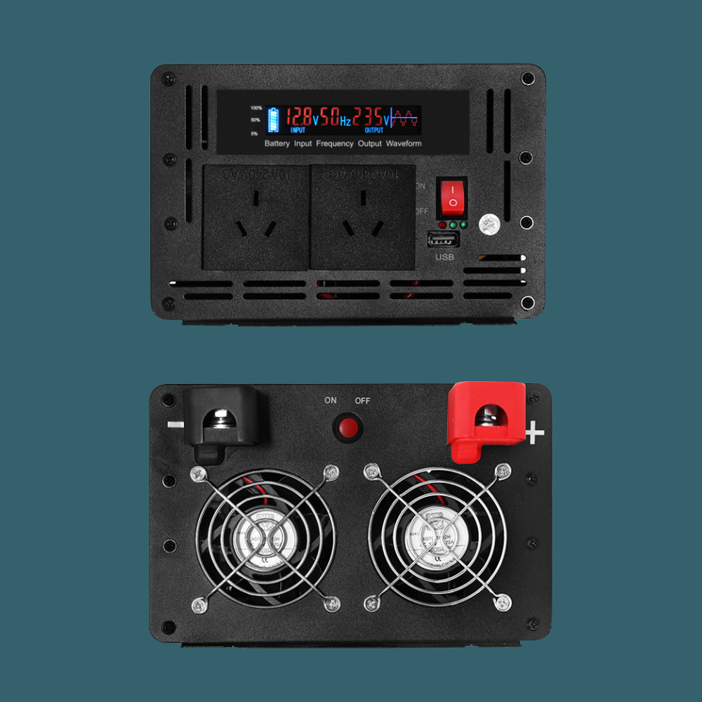 Close-up of the inverter’s dual cooling fan and input panel.