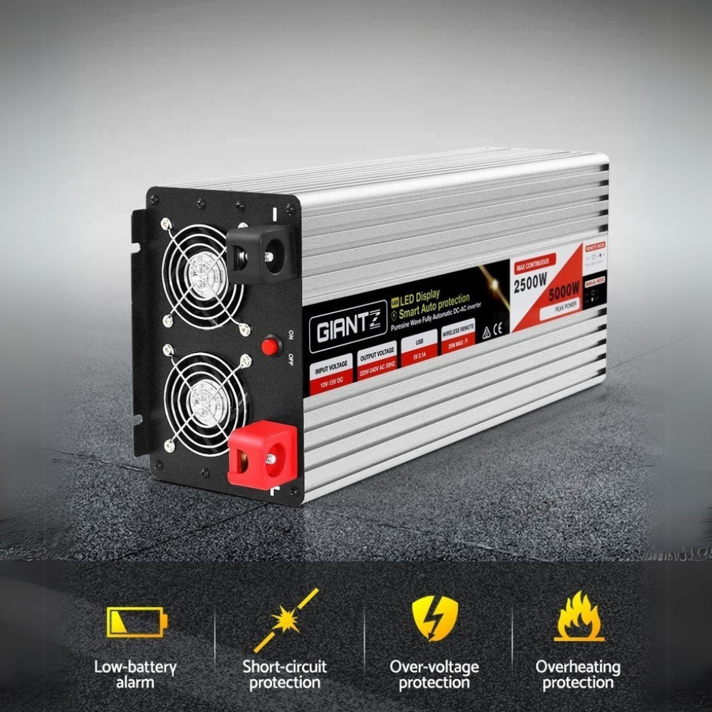 Angled view of the inverter with icons representing features like overload protection and remote control.