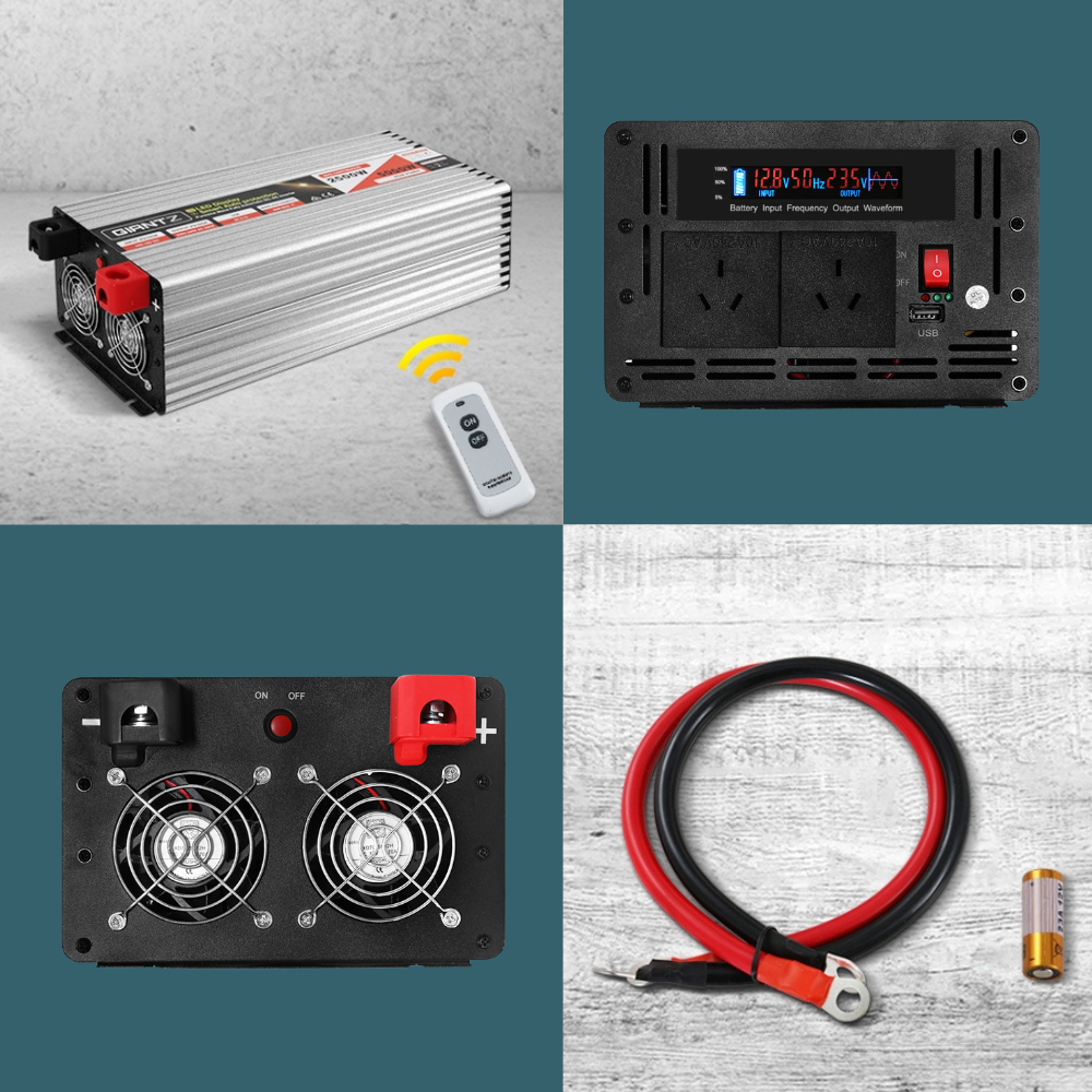 Side view of the inverter placed beside its included accessories.