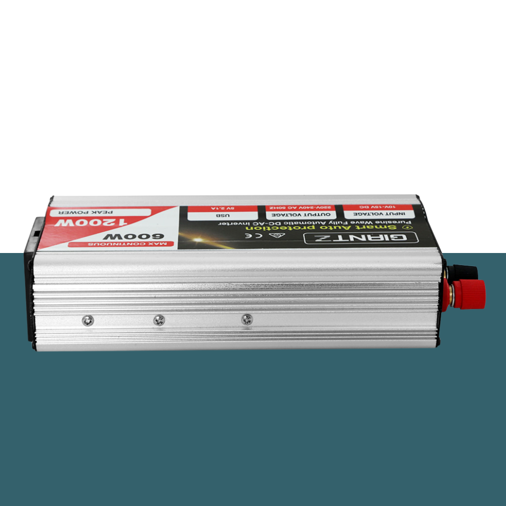 Side profile of inverter – Flat side view showing slim profile with red and black connection terminals.