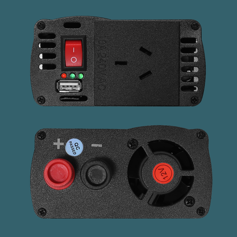 Front and rear close-up – Top-down view of front face with USB ports and outlets, and rear view with cooling fans and terminals.