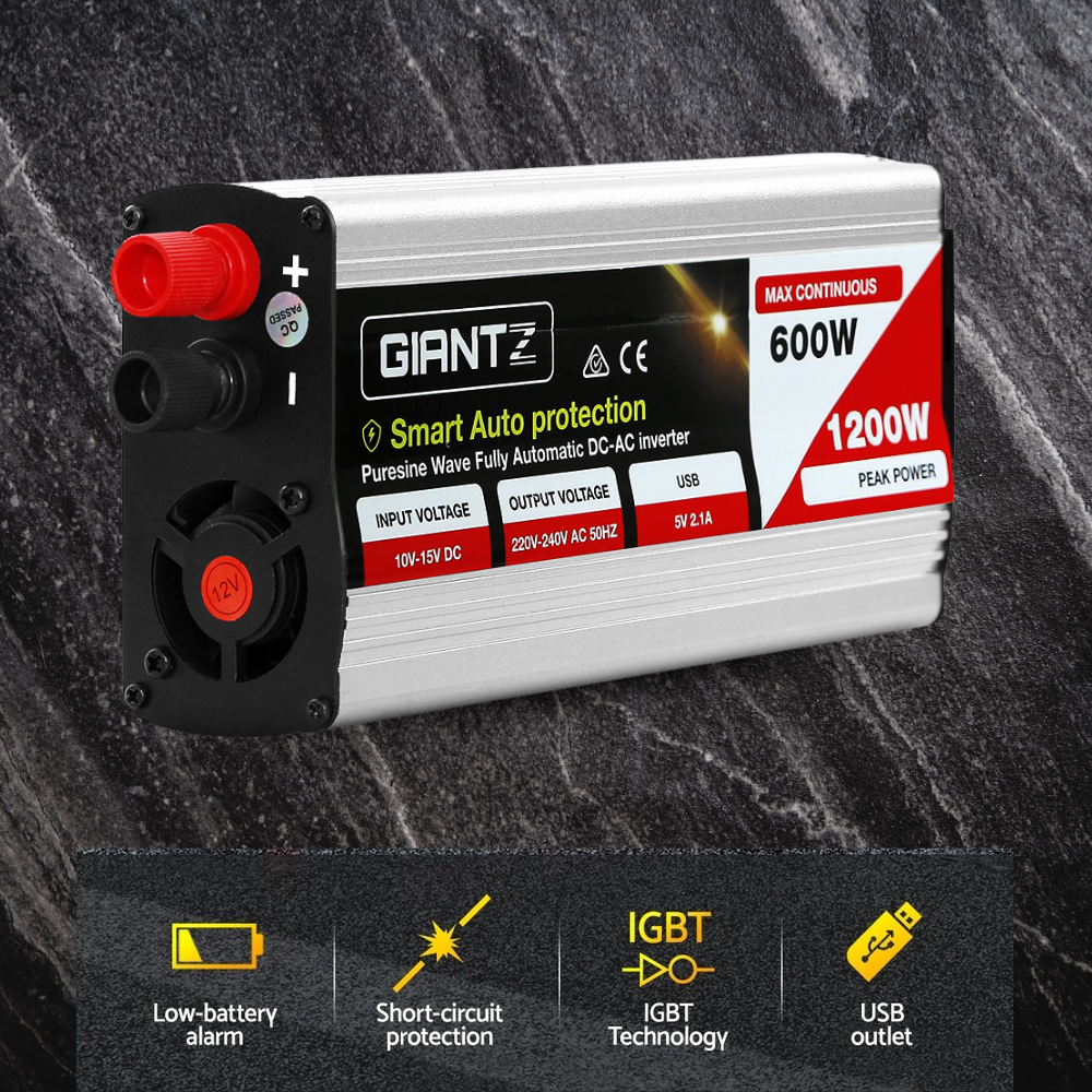 Inverter on textured surface – The inverter displayed on a dark surface with callouts for features such as cooling and compact design.