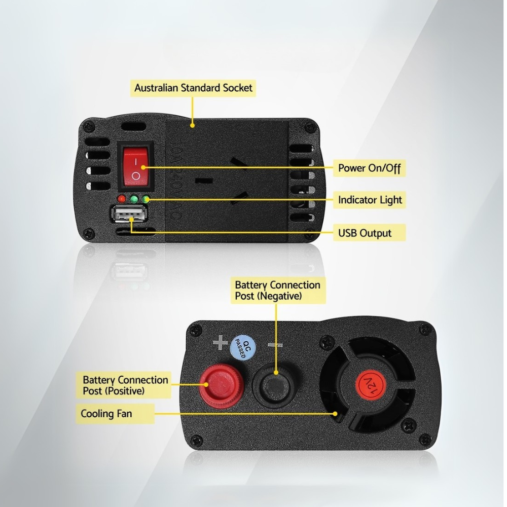 Feature diagram layout – Front and back view of the inverter with labels identifying key components like terminal posts, fan, and switch.