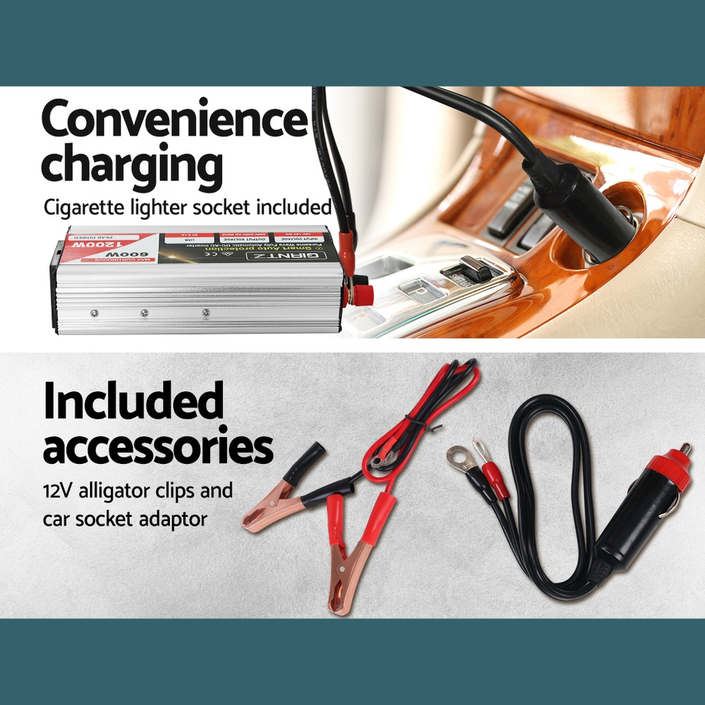 Accessories and charging setup – Visual showing included accessories like clamps and lighter plug, with text noting “Convenience charging”.