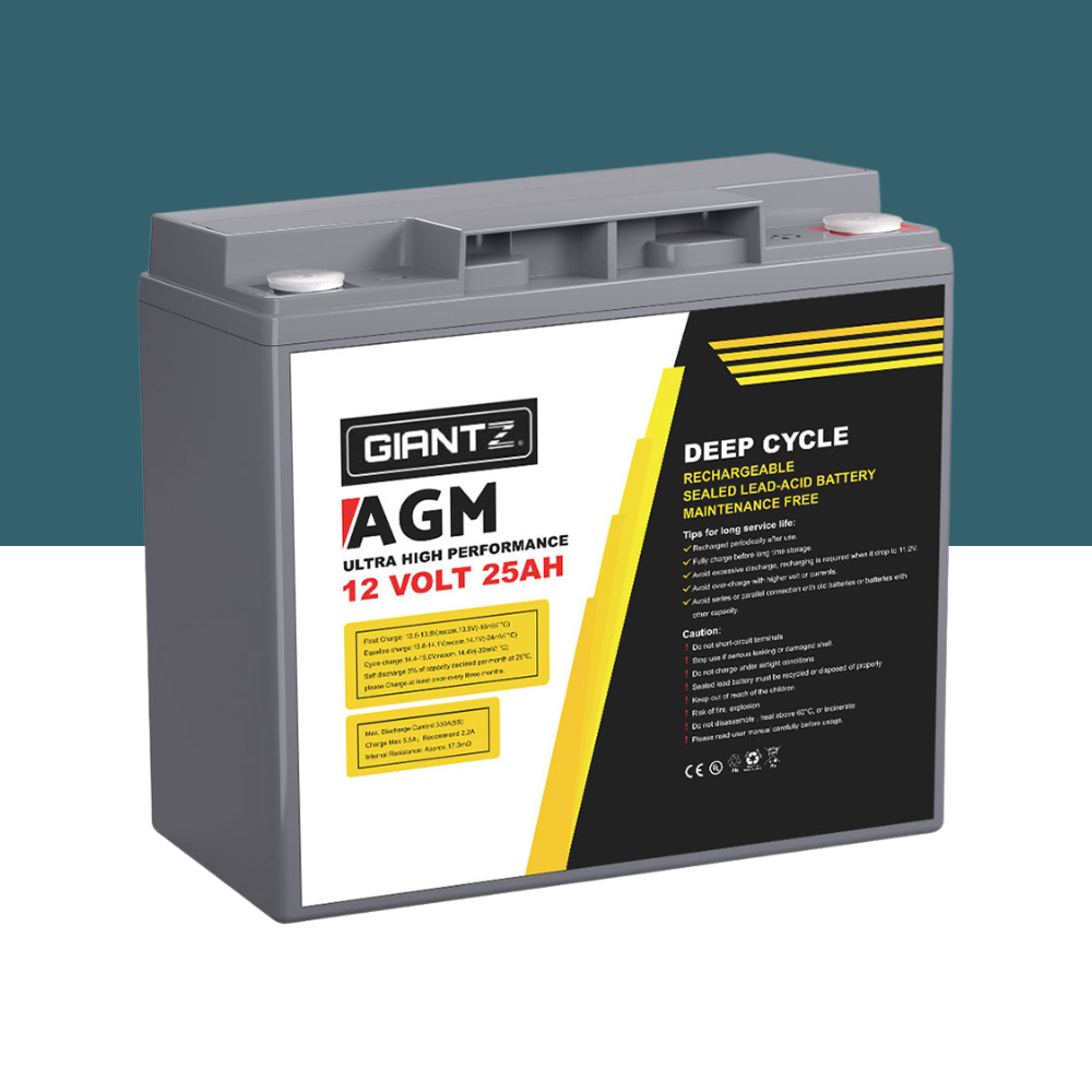Front angled view of the GIANTZ AGM Deep Cycle 12 Volt 25Ah battery on a white and teal background, showing the label and terminals