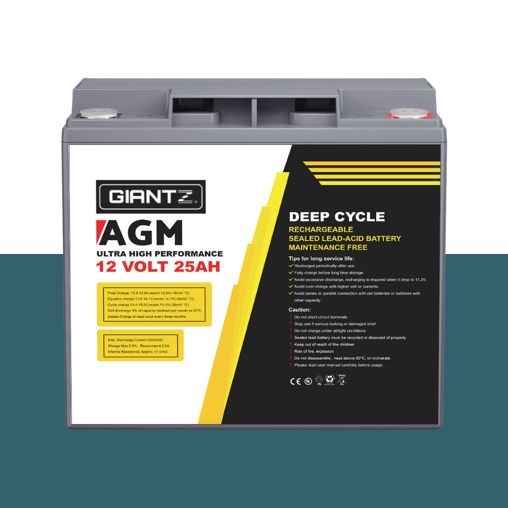 Frontal view of the battery placed on a teal and white background, showing label details clearly.