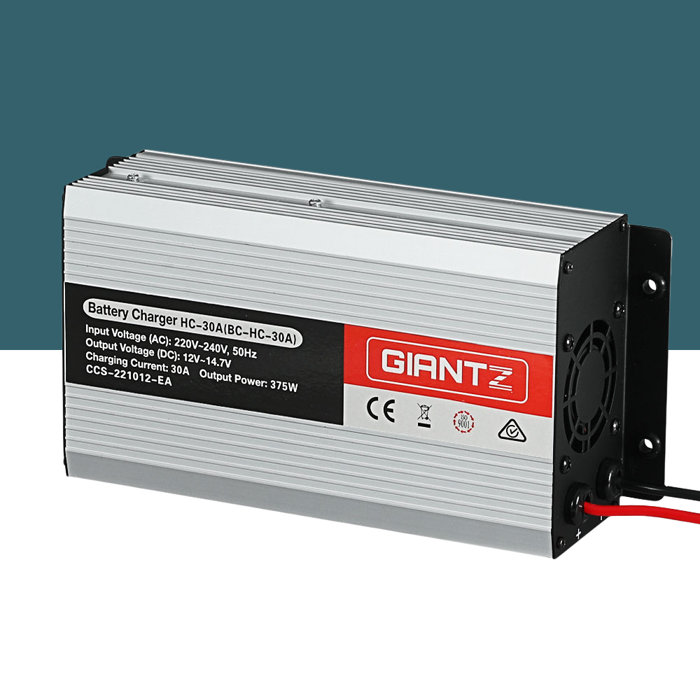 Angled front view of GIANTZ Automatic Battery Charger 12V 20A, showing aluminium casing and attached power cable.