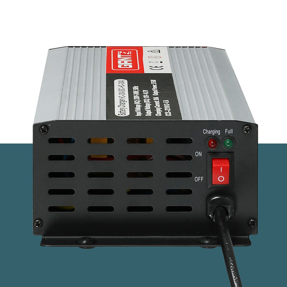 Rear view of the charger, highlighting ventilation slots and power switch.