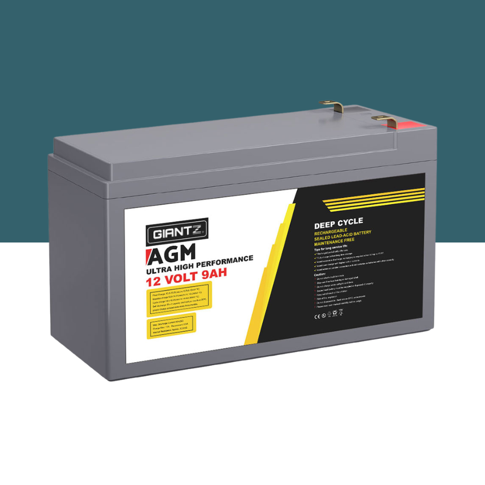 Angled view of GIANTZ AGM Deep Cycle 12 Volt 9Ah battery on a white and teal background, showing terminal posts and product label.