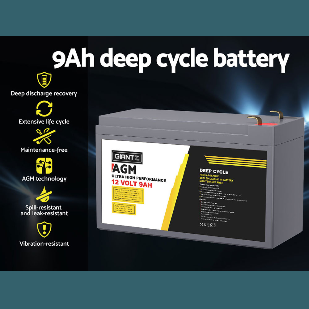 Feature graphic titled ‘9Ah deep cycle battery’, showcasing product benefits like long service life, deep discharge recovery, and low self-discharge.