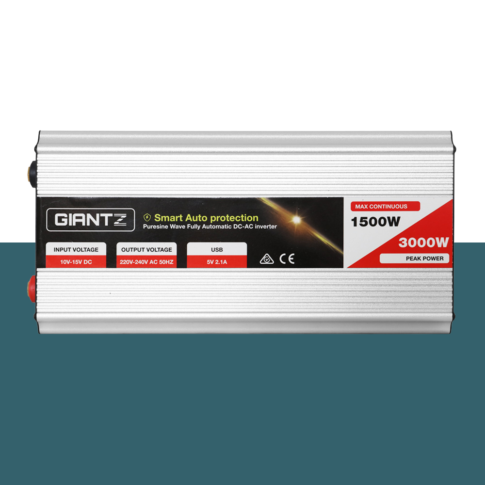 Side profile of the power inverter showing ports and labels.