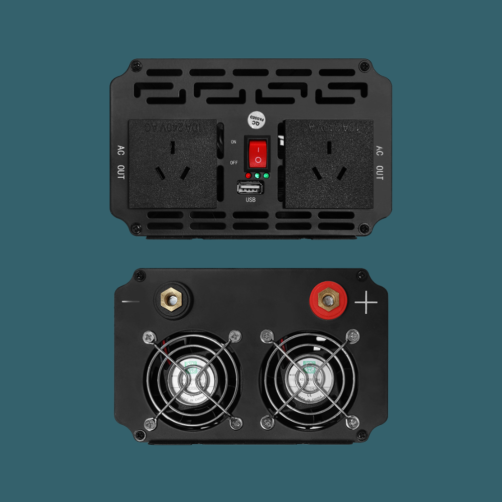 Rear and front views of the inverter displaying cooling fans and input terminals.