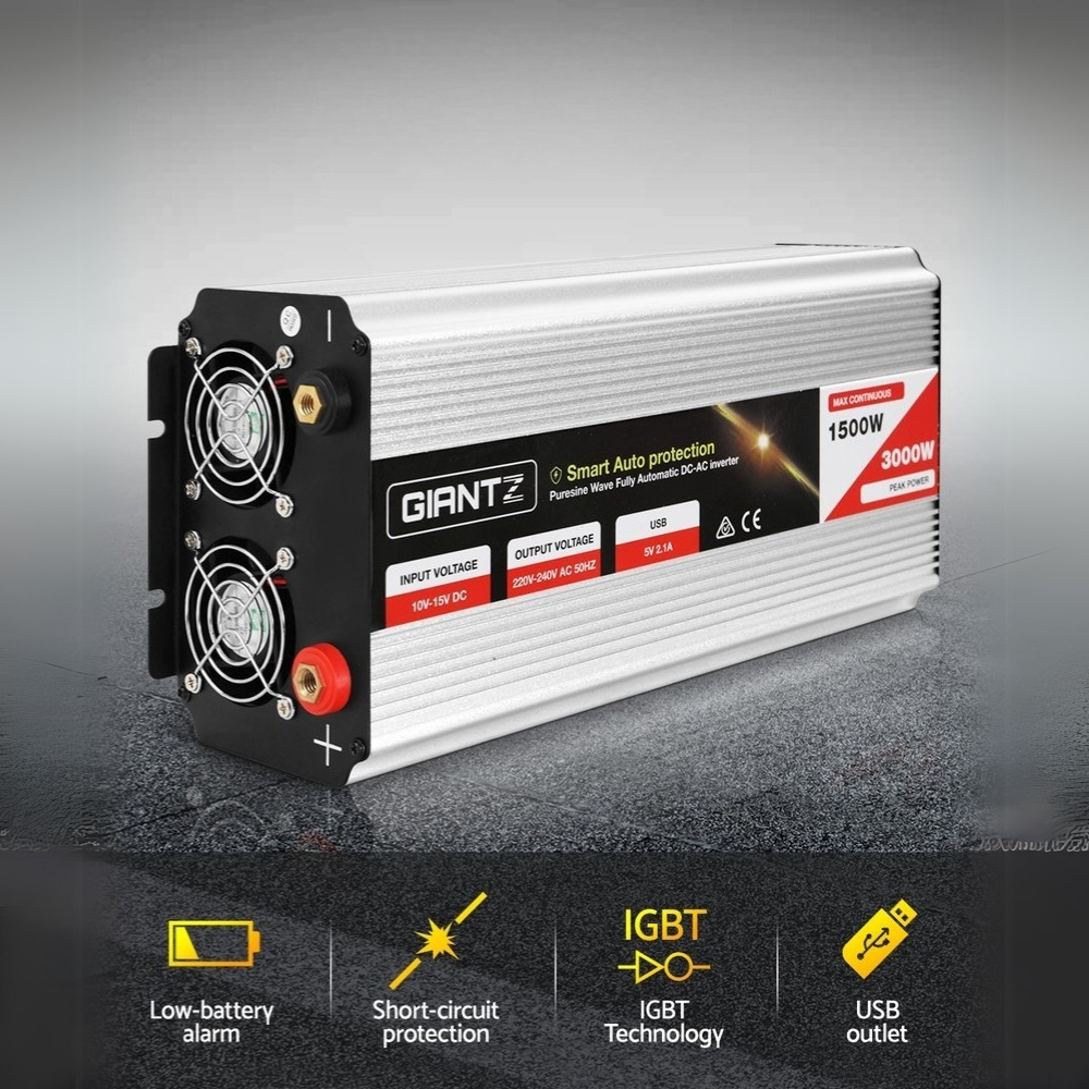 Angled product shot with feature highlights on a dark gradient background.