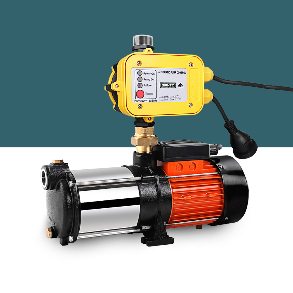 Stainless steel water pump with orange motor housing and yellow automatic pressure controller."