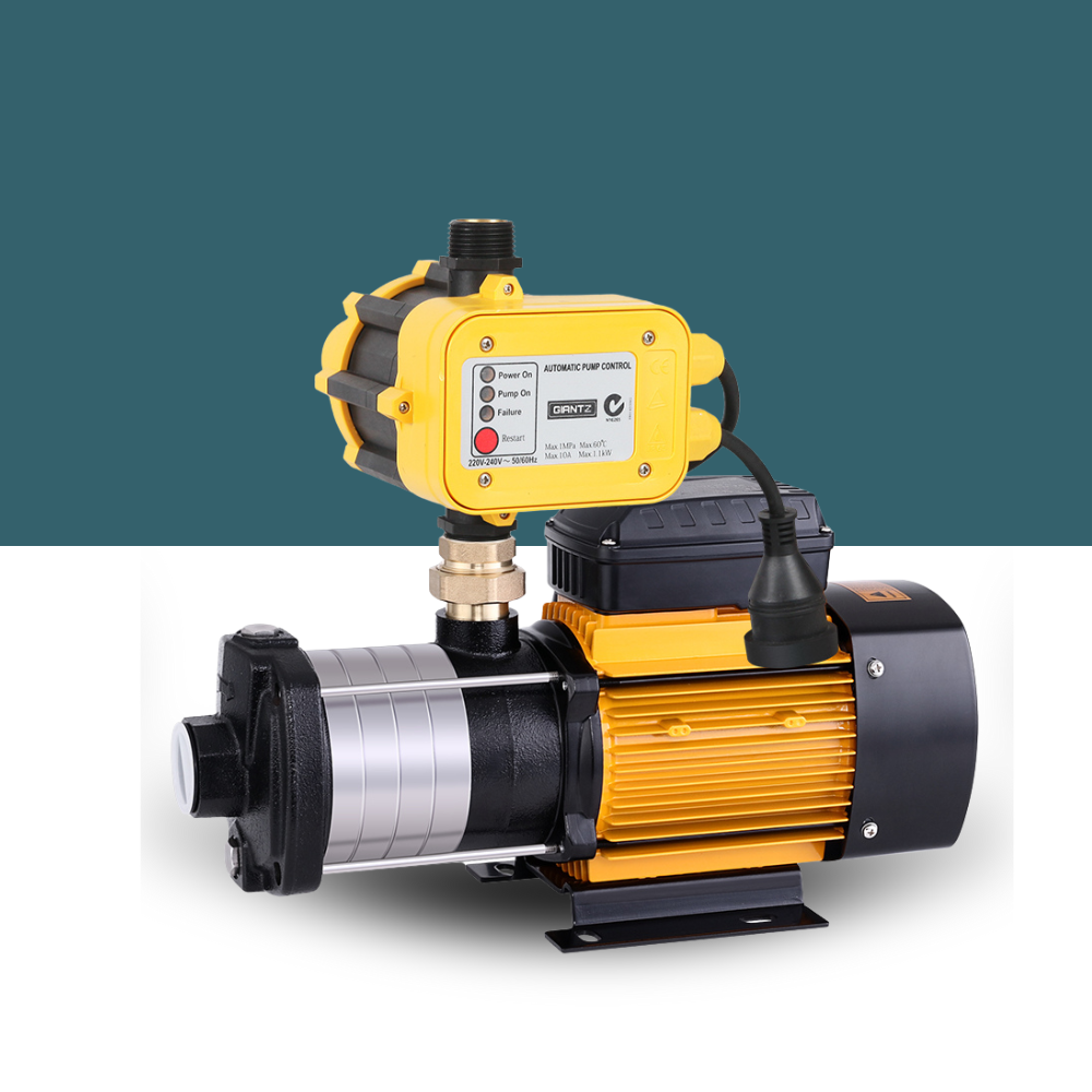 Yellow pressure controller on black and gold Protege water pump, displayed on a clean teal and white background.