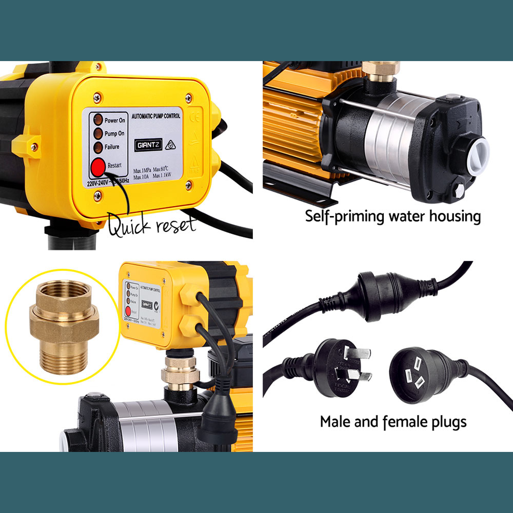 Rear view with accessories, highlighting inlet/outlet ports, fittings, and included power cable.