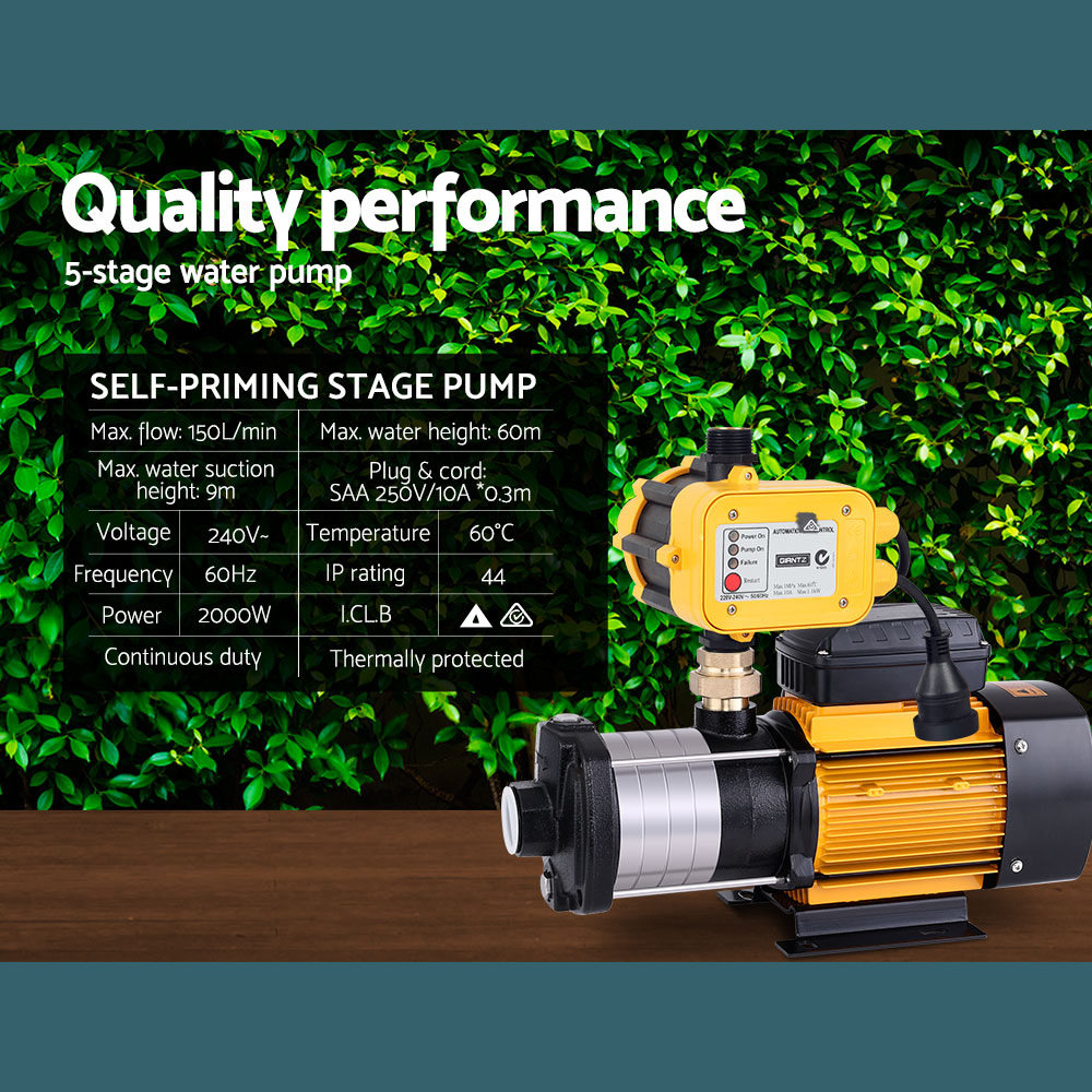 Performance spec graphic, showcasing pump features and benefits with a green garden background.