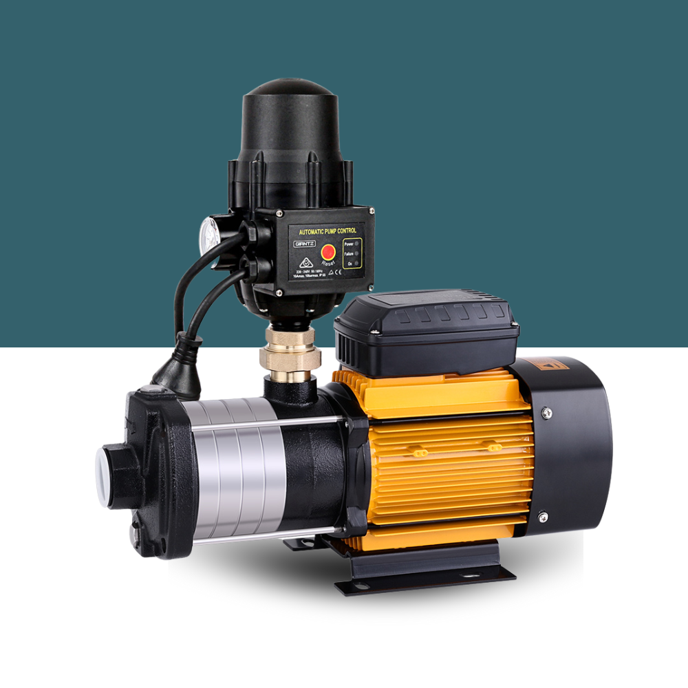 Product shot of yellow and black Protege water pump with attached pressure controller, set against a split teal and white background.