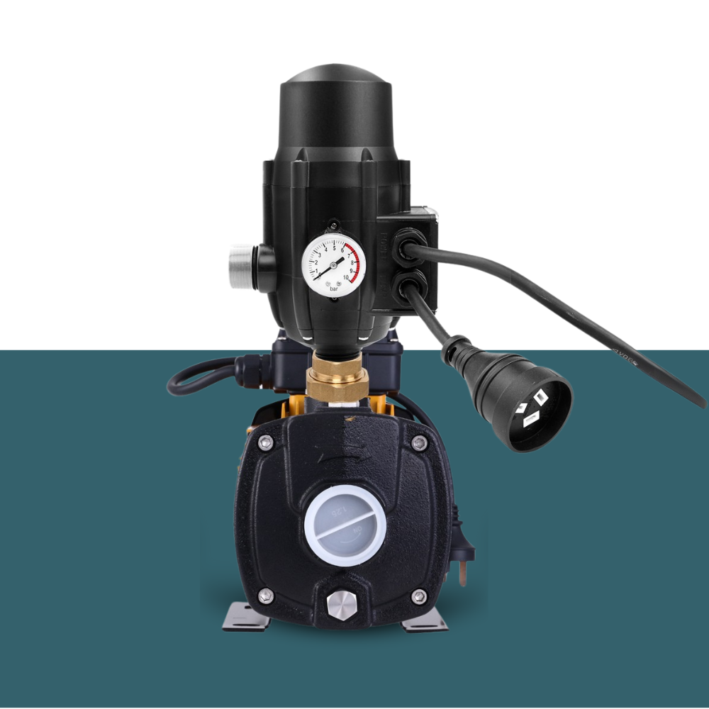 Front close-up view of pump's pressure controller, featuring gauge and button details.