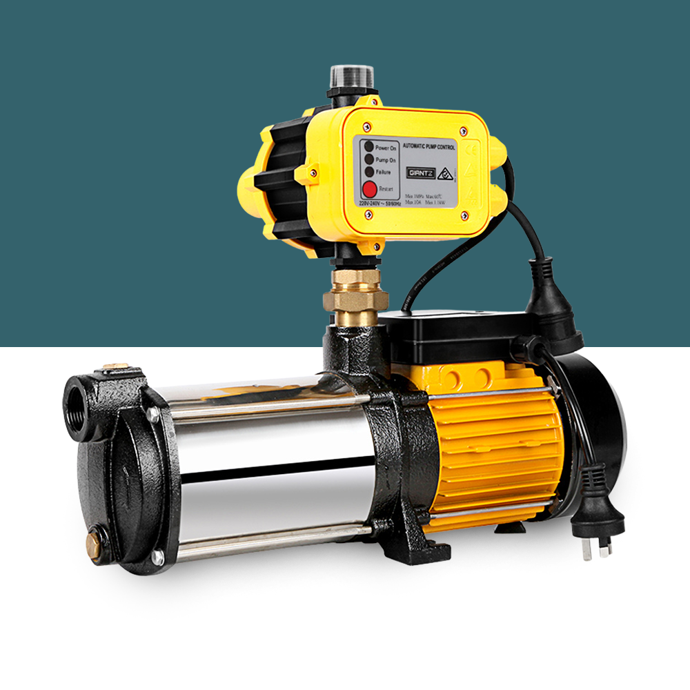 High-performance stainless steel water pump with yellow automatic pressure controller and durable orange motor
