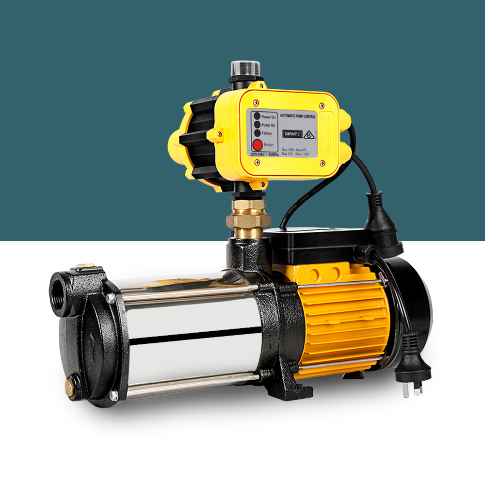 High-performance water pump with a yellow and silver body, featuring an advanced pressure controller for efficient water management.