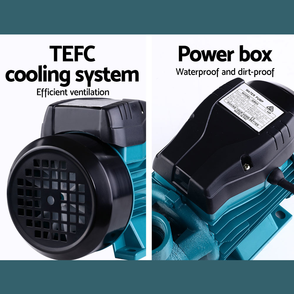Close-up of TEFC cooling system and waterproof power box, with labelled callouts.