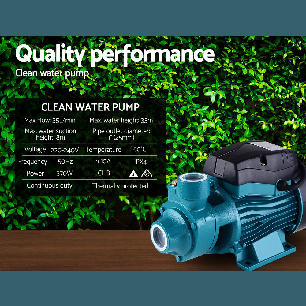 Giantz water pump placed indoors with product specifications overlayed on green foliage background.