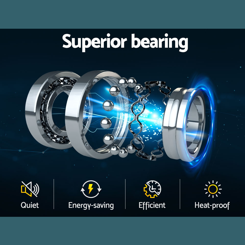 Exploded diagram of superior bearing system showing quiet, efficient and heatproof operation.