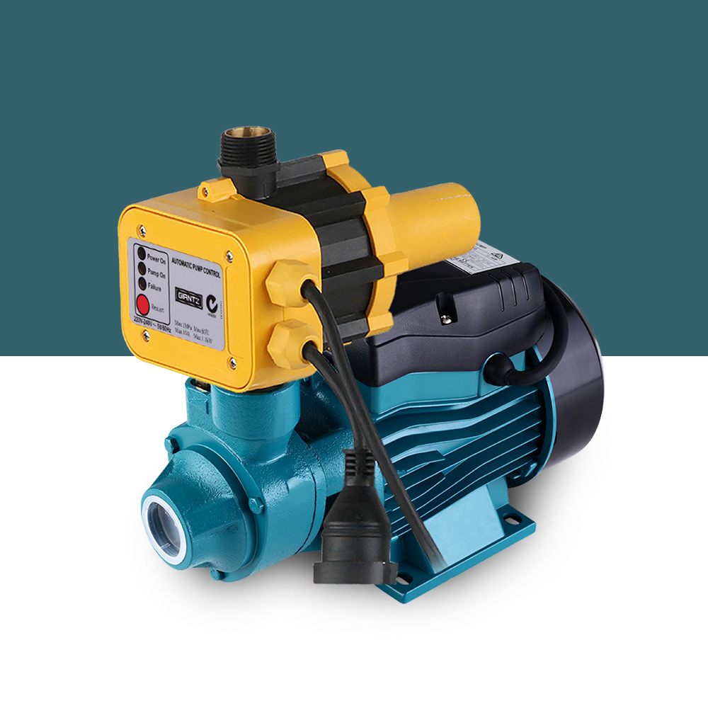 Compact electric water pump with automatic pressure controller in blue and yellow design