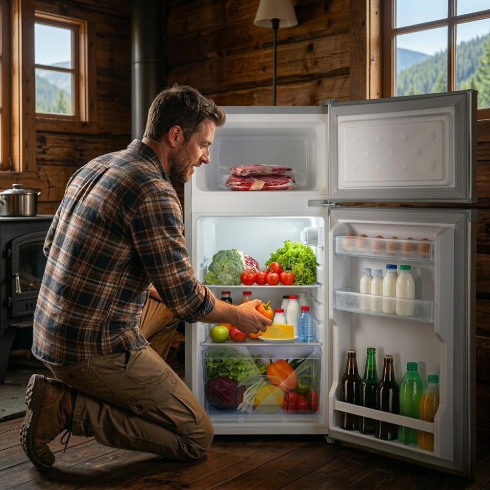 Man reaching into a refrigerator filled with food and drinks in a wooden cabin.