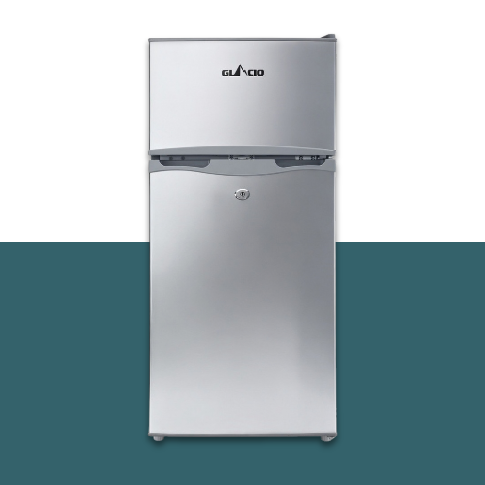 Glacio 100L 12V/24V Portable Upright Fridge Freezer - Silver with Glacio logo on a white and blue gradient background