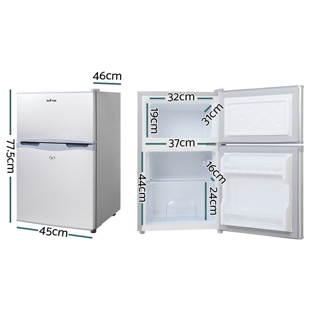 Small refrigerator with dimensions labeled on a white background