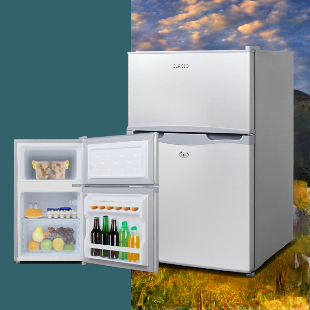 Glacio 65L 12V/24V/240V Upright Portable Fridge Freezer with open doors showing food items against a colorful sky background