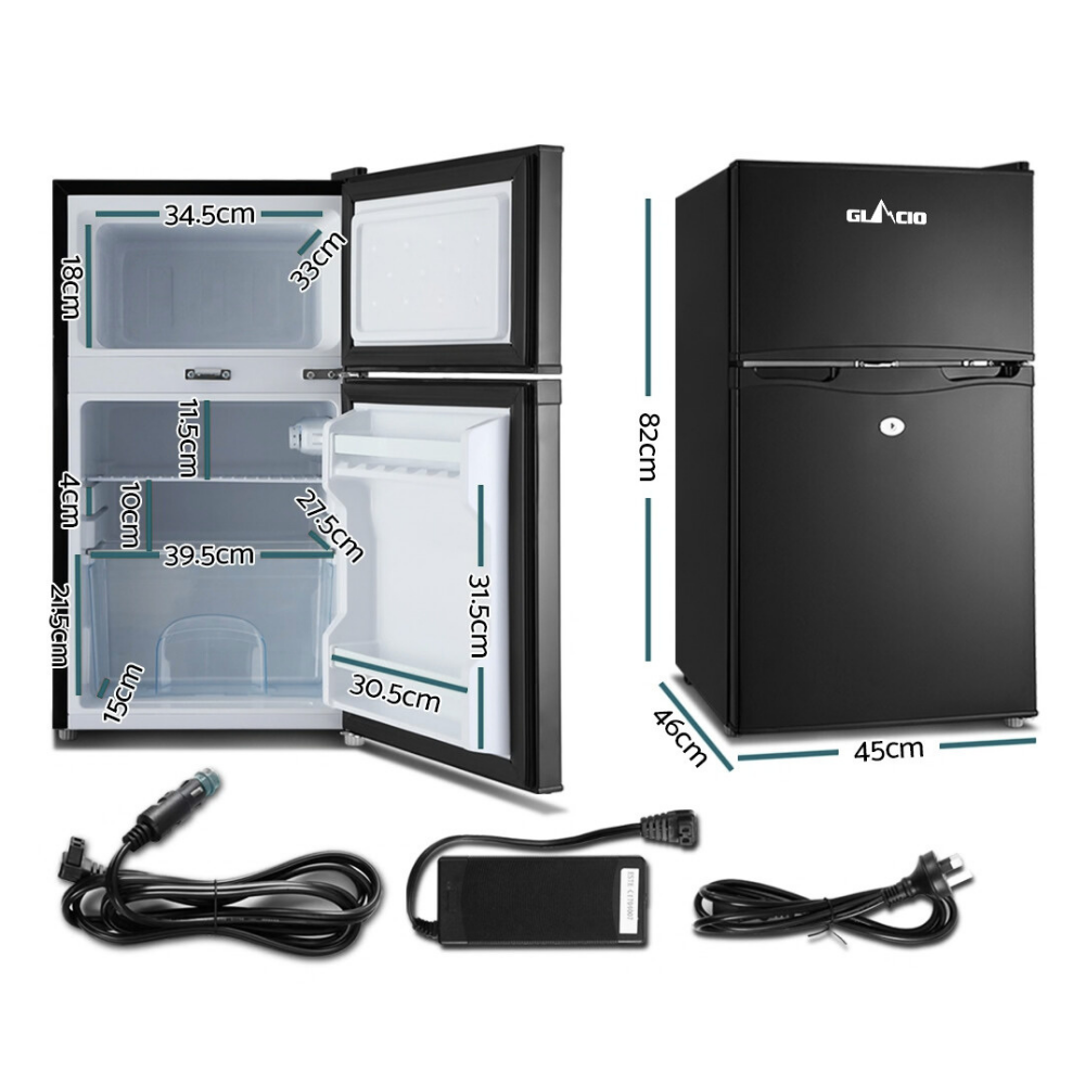 Glacio 90L 12V/24V/240V Upright Portable Fridge Freezer - Black with dimensions and power cord on a white background