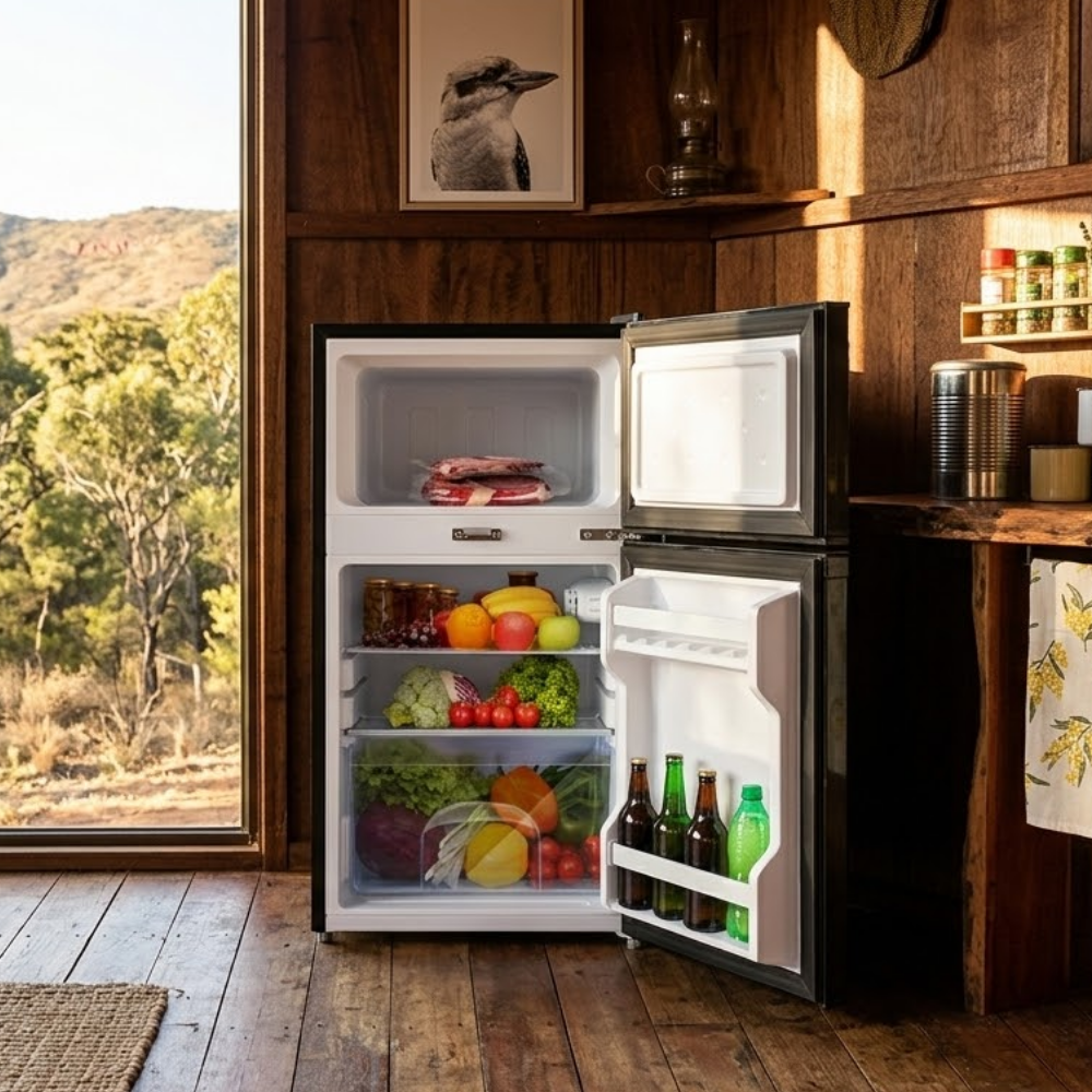 Black refrigerator with open doors displaying food items in a rustic kitchen.