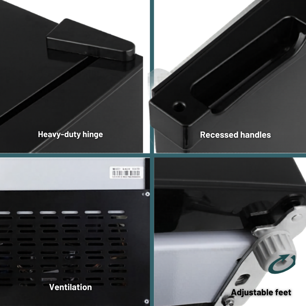 Product features including heavy-duty hinge, recessed handles, ventilation, and adjustable feet.