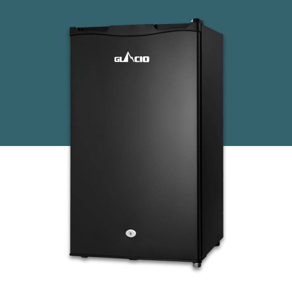 Glacio 95L 12V/24V/240V Portable Upright Fridge Chiller with a brand logo on a white and teal background