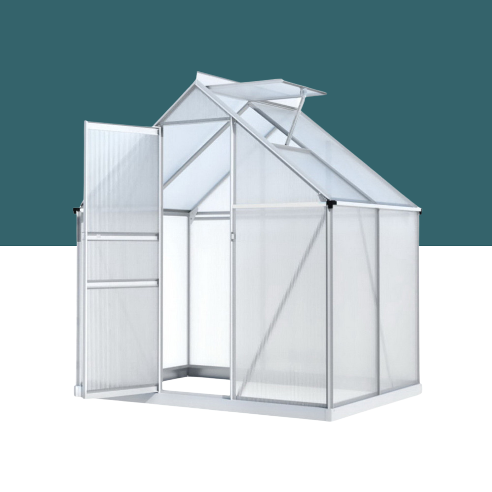 White greenhouse with transparent panels on a white background