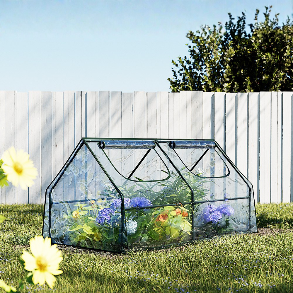 Transparent greenhouse with plants on a grassy area with a wooden fence and trees in the background.