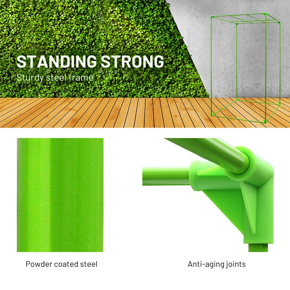 Green metal frame with text highlighting sturdiness and design features on a white background.