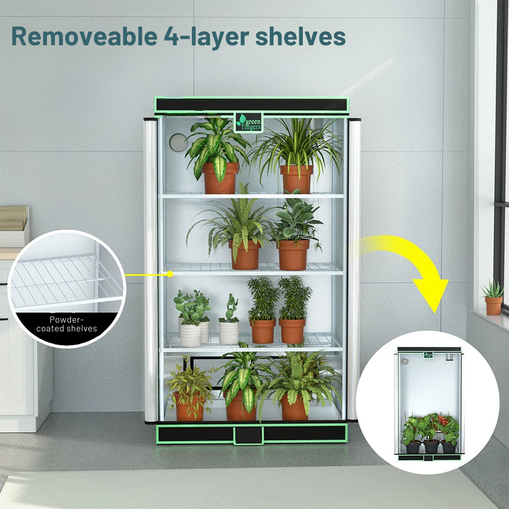 Smart greenhouse with removable 4-layer shelves and plants inside, showing powder-coated shelves.