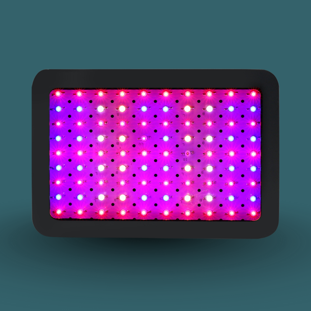 LED grow light with a grid of purple and pink lights on a dark green background