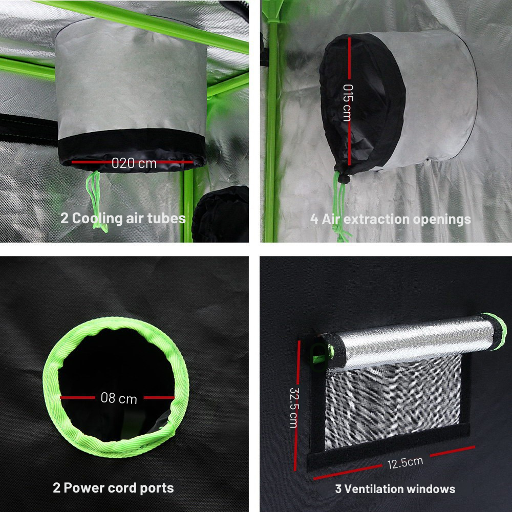 Technical details of a greenhouse with measurements and features highlighted.